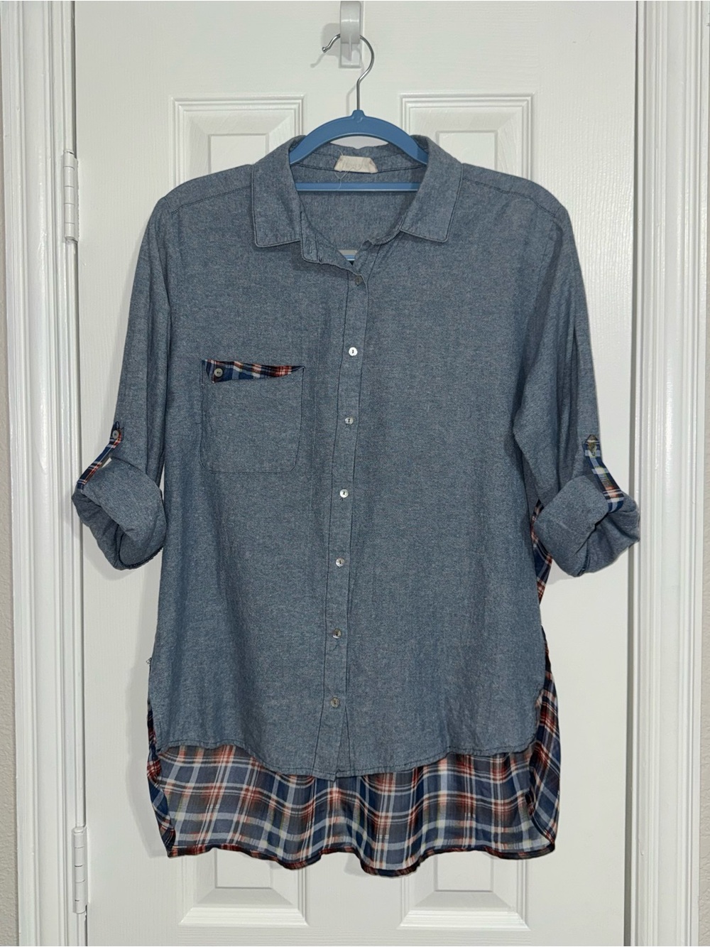 Altar'd State Blue Layered Button-Down Shirt with Plaid Trim